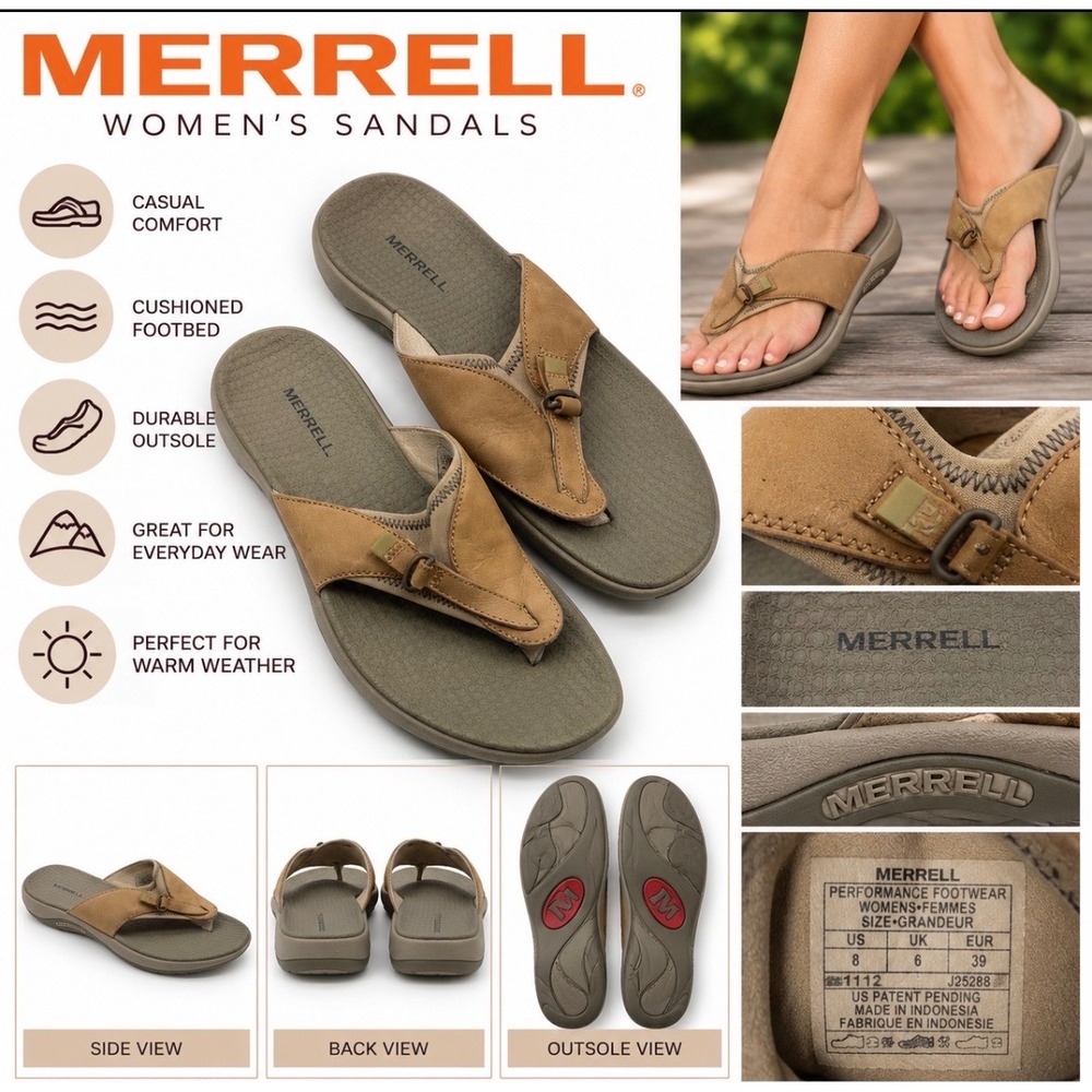 Merrell Tan Leather Thong Sandals Womens 8 Performance Slides